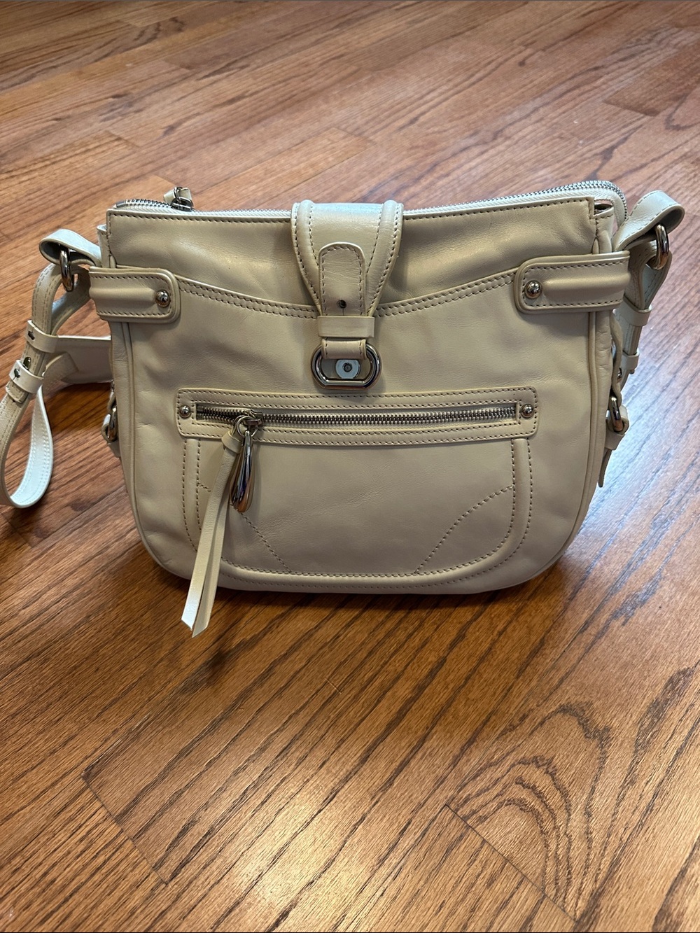 Francesco Biasia Cream Crossbody Bag with Front Zip Pocket
